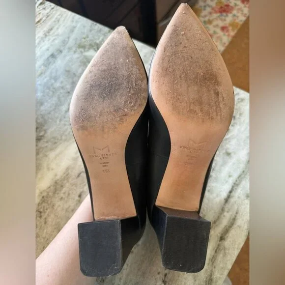 Marc Fisher Women’s Black Leather Zara Block Pointy Toe Pump Heels - Picture 4 of 6